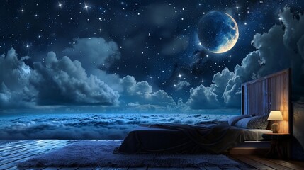 Cozy bedroom with night sky wallpaper and crescent moon