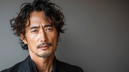 Obraz premium A Korean man gaze distant and dreamy as he visualizes something enchanting, against a solid gray background, lost in the beauty of his thoughts.