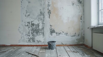 the wall in the room is half painted during the renovation, there is a bucket of paint nearby