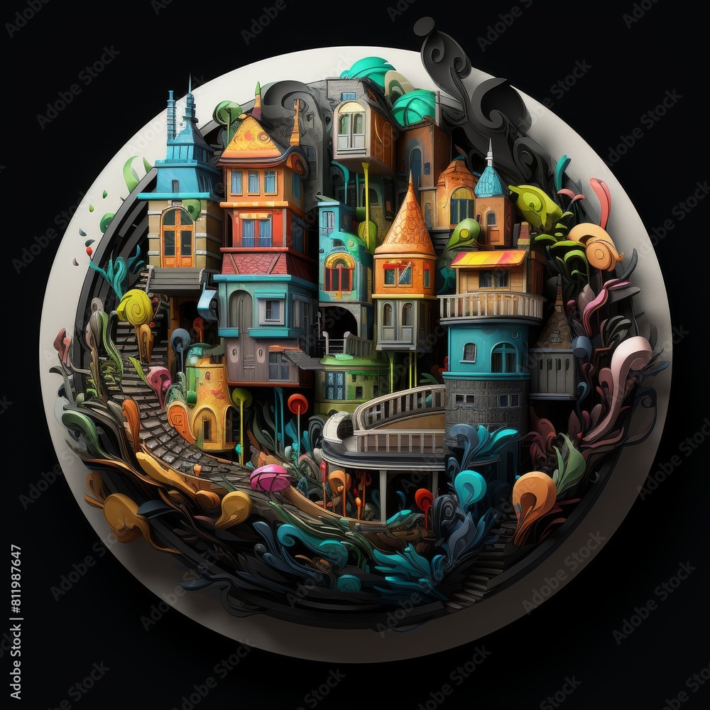 Poster a 3d rendering of a castle enclosed in a sphere, surrounded by trees and waves. abstract painting. c