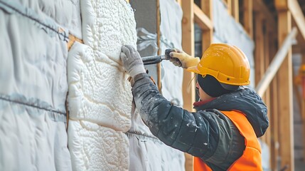 Construction worker installing styrofoam insulation sheets on house wall for thermal protection