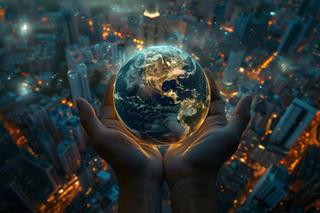 man holds the planet Earth in his hands, highlighting its fragility and beauty against the glare of urban lights.