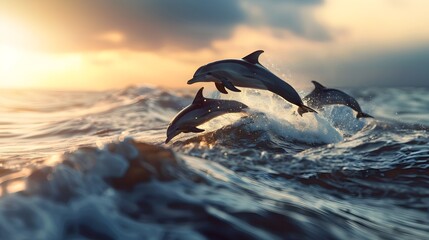 Dolphins jumping in the middle of the ocean