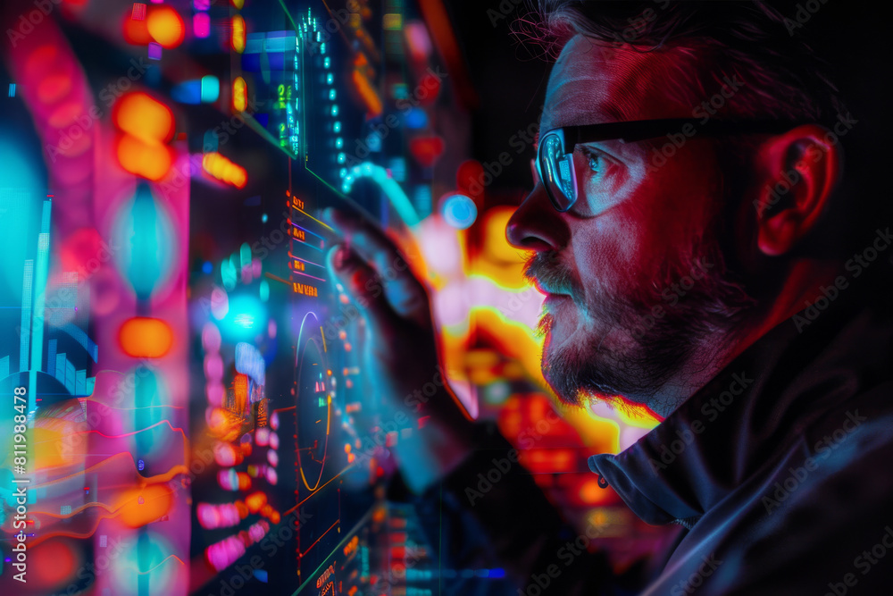 Poster a man wearing glasses is looking at a computer screen with a graph on it