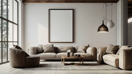 Sleek Furniture Mock-Up in Modern Cozy Living Room with Empty Canvas Frame on White Wall Background Render Suitable for Buildings and Architecture Interior Design