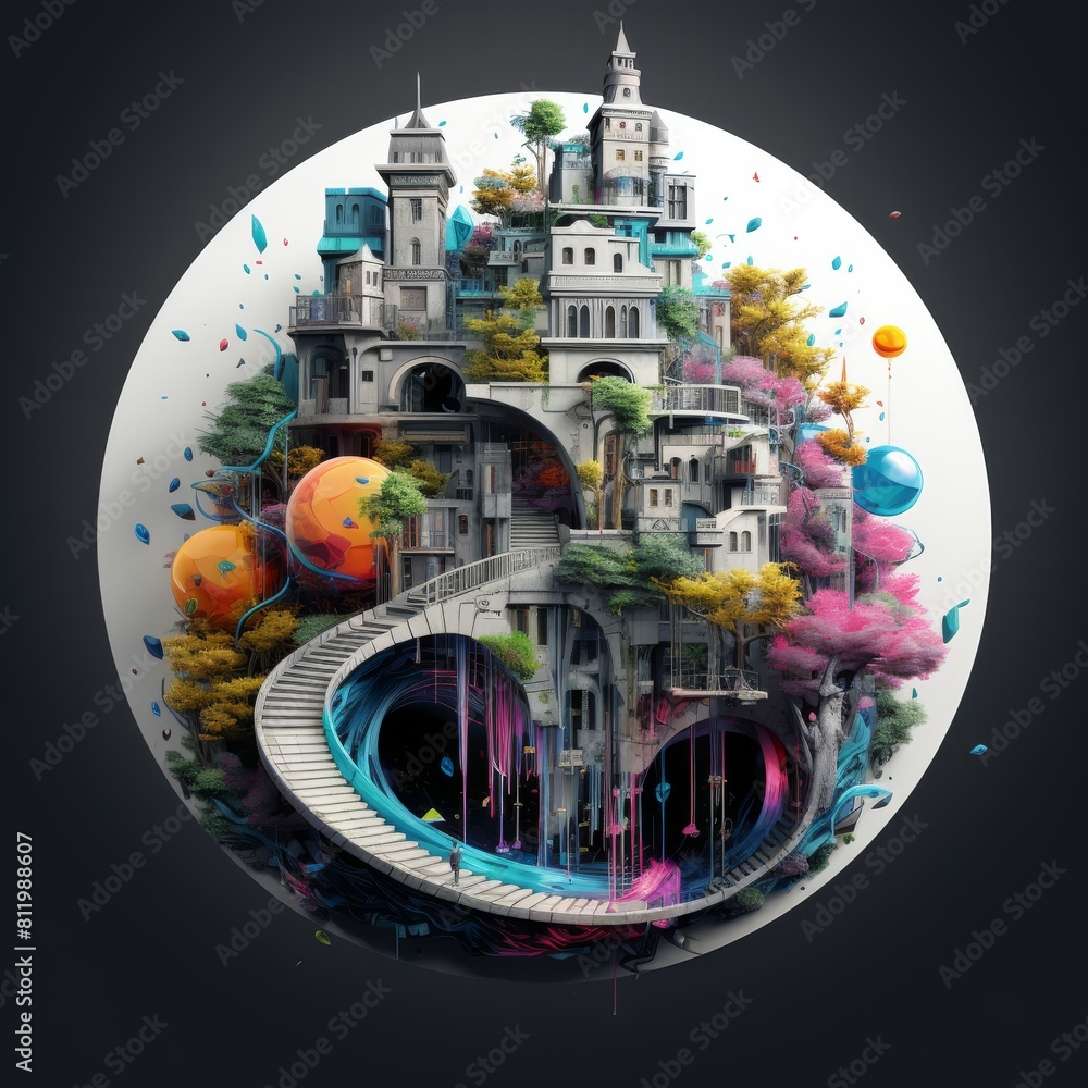 Poster a 3d rendering of a castle enclosed in a sphere, surrounded by trees and waves. abstract painting. c