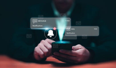 Notification business connectivity concept for digital communication with captivating email and marketing notifications. Businessman using mobile phone. Explore the future of internet technology.