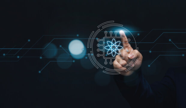 Quantum Computing and AI Technology, Businessman to Optimize Efficiency and Strategic Thinking for Future Computer Performance.