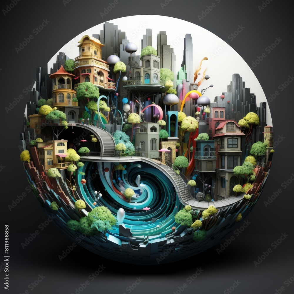 Poster a 3d rendering of a castle enclosed in a sphere, surrounded by trees and waves. abstract painting. c