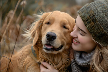 Smiling woman lovingly hugs her Golden Retriever in the park, sharing moments of happiness and fun as they explore the natural environment together.