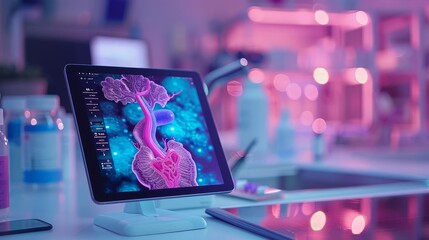 Fototapeta premium A bright, minimalistic setting featuring a large tablet displaying a vibrant holographic 3D Brain, Lab Room, closeup