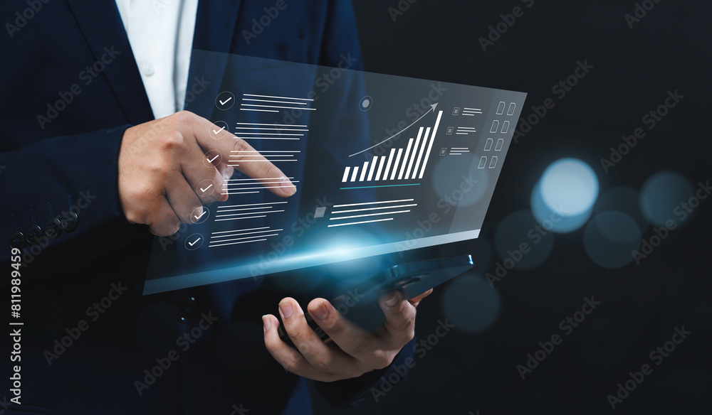Poster businessman using a mobile smartphone to analyze company's financial revenue and profit with value i