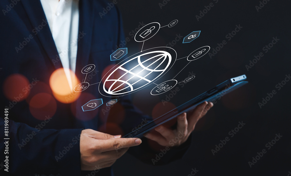 Poster businessman online internet sharing data transferring information with others, sharing files and doc