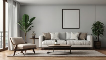Modern Living Room Interior Design with Furniture Mock-Up and Empty Canvas Frame on White Textured Wall Background Render Suitable for Buildings and Architecture Interior Design