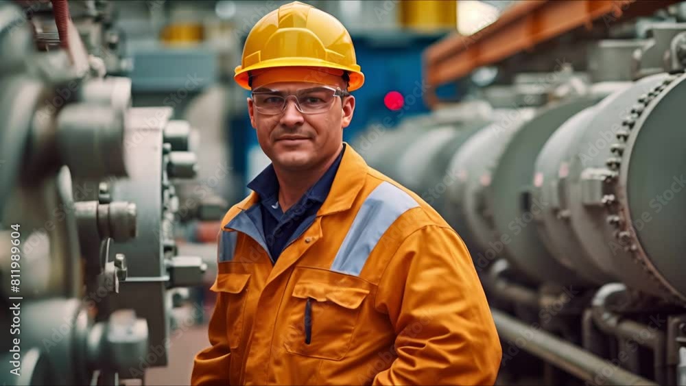 Poster mechanical service engineer worker at industrial with checking compressor station