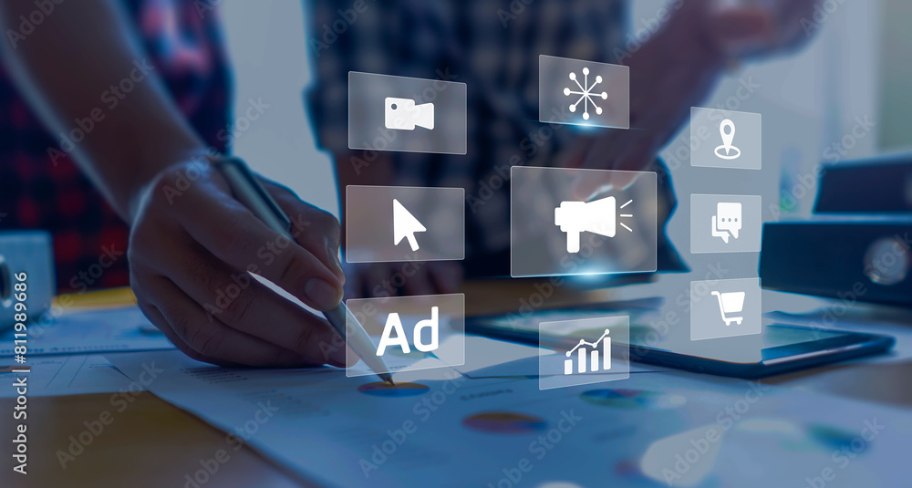 Aufkleber digital marketing concept with businessmen working as a team using tablets creating online adverts t
