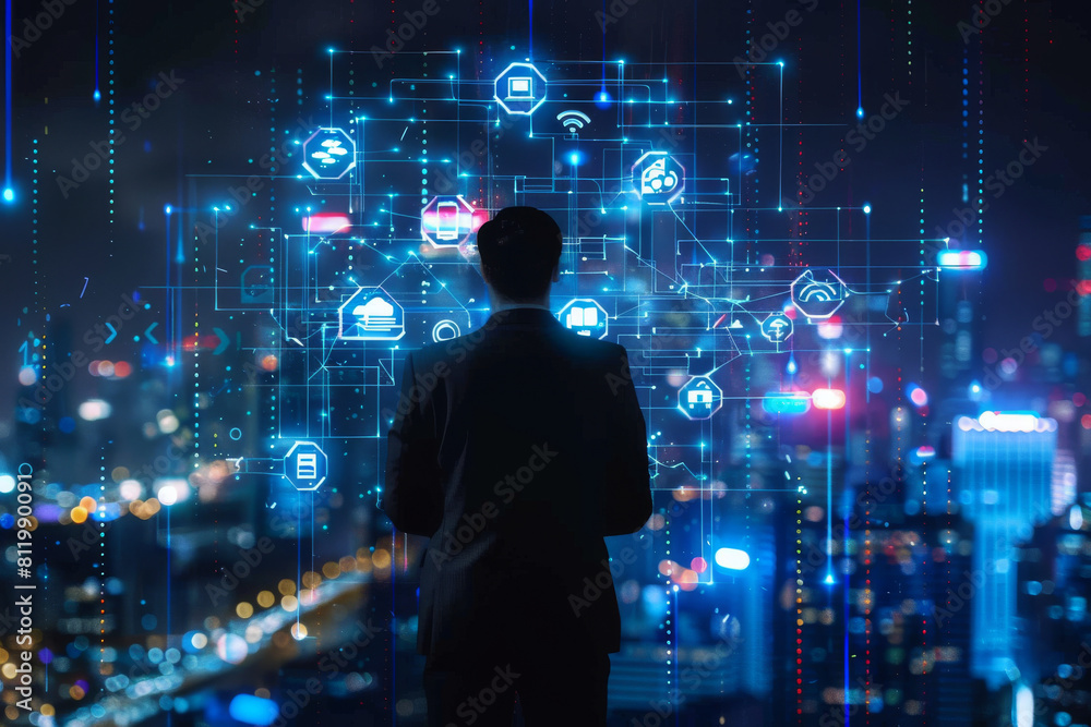 Poster a man in a suit looks at a computer screen with icons on it