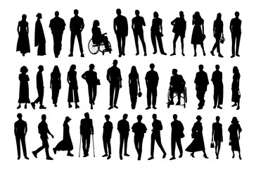 Silhouettes of diverse business people standing, walking, men, women full length, disabled persons sitting in wheelchair. Inclusive business concept. Vector illustration on transparent background.