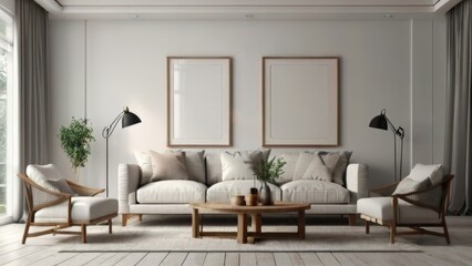 Fototapeta premium Living Room Decorated with Modern Furniture and Empty Canvas Frame on White Wall Background Mock-Up Render Suitable for Buildings and Architecture Interior Design