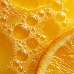 Vivid orange slice and juice droplets macro shot