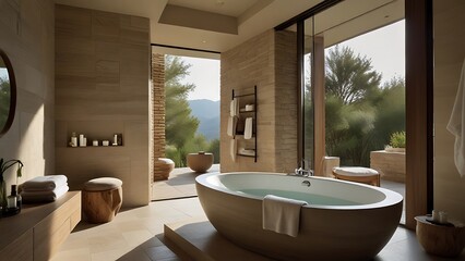  Serene Sanctuary Bathroom with Neutral Beige and Taupe Palette, Organic Elegance, and Natural...