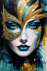 Abstract artwork of a woman with a mask with turquoise and golden brushwork - Generative AI	