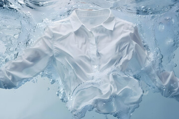 A shirt immersed in water with bubbles and splashes, symbolizing the effectiveness of liquid detergent in cleaning clothes. Ideal for a banner design highlighting the feeling of freshness and purity