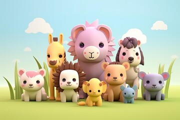 Fototapeta premium cute 3D various animals flat design front view safari theme animation Complementary Color Scheme.