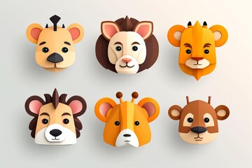 Fototapeta premium cute 3D various animals flat design front view safari theme animation Complementary Color Scheme.