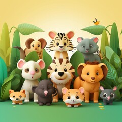 cute 3D various animals flat design side view forest theme water color vivid.
