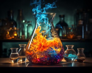 Chemistry reaction setup displaying a colorful exothermic reaction in a laboratory beaker, with flames and smoke demonstrating the release of energy