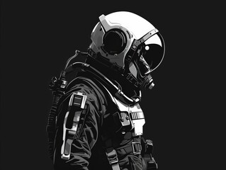 Create a flat design representation of space suit gear in side view with a technology advancement theme in animation using a black and white color scheme.