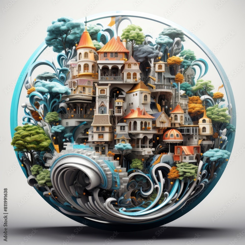 Poster a 3d rendering of a castle enclosed in a sphere, surrounded by trees and waves. abstract painting. c