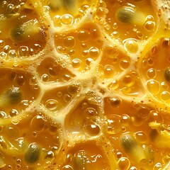 Macro shot of passion fruit pulp and seeds