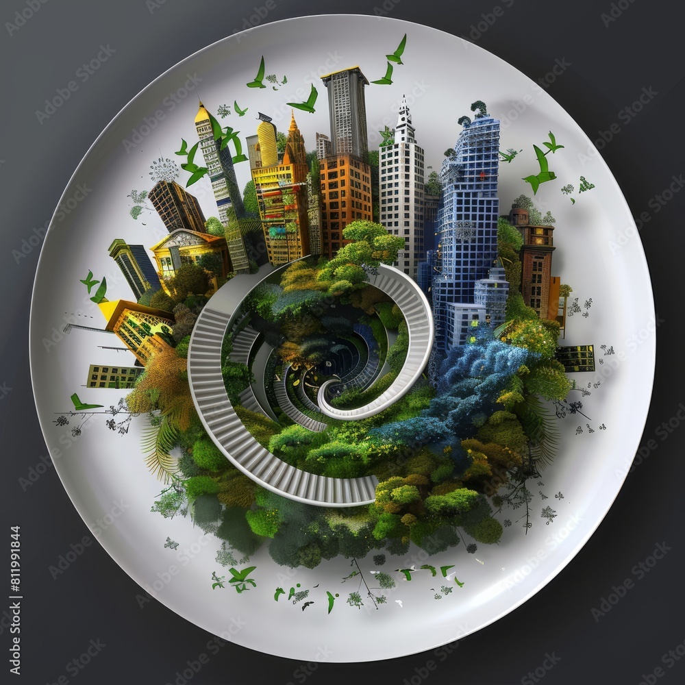Poster a 3d rendering of an urban design with buildings, trees, and stairs arranged in a circular pattern. 