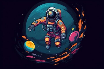 Design a flat design illustration of an astronaut in spacewalk in top view with a space exploration theme in cartoon drawing using a Triadic Color Scheme.