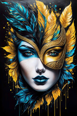 Abstract artwork of a woman with a mask with turquoise and golden brushwork - Generative AI	