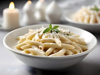 pasta with white sauce and pesto