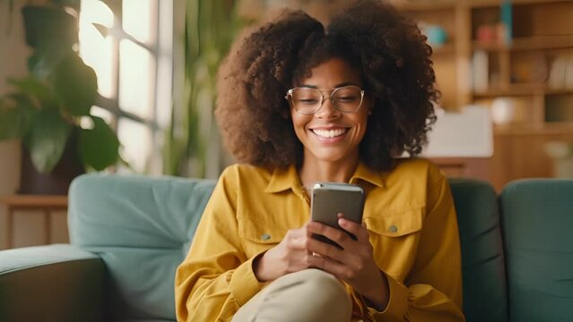 Happy pretty woman using mobile phone at home , Smiling young  woman using online app on smartphone 