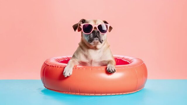 Portrait happy dog in an inflatable floating ring isolated on color background 
