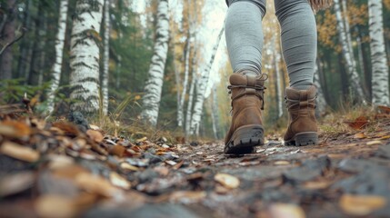 A woman is walking on a dirt path in the woods