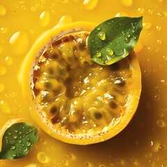 Fresh passion fruit half with dewy leaves on yellow