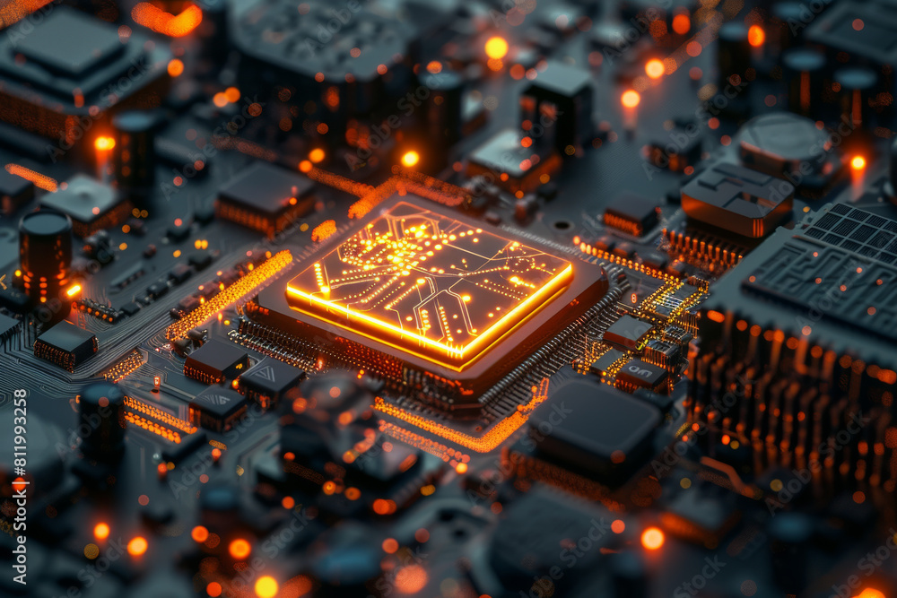 Poster a computer motherboard with a cpu that is lit up