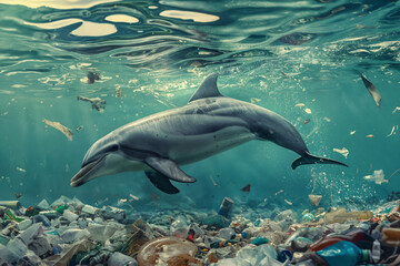 Obraz premium Dolphin swimming amidst floating trash and debris in polluted waters