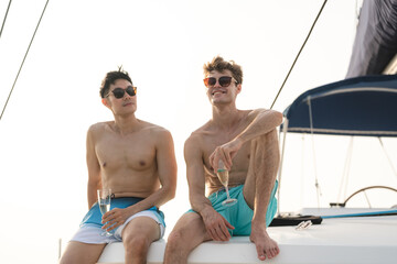 Young gay or labtqia couple drinking or clinking glass of champagne or white wine in their honeymoon anniversary vacation on sailboat or yacht, luxury and elegance carefree journey, flirting romance.