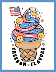 Groovy 4th of July ice cream Cartoon Trendy doodle idea for Shirt Sublimation, greeting card