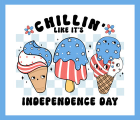 Groovy 4th of July Retro Ice Cream Cartoon Trendy Character doodle idea for Shirt Sublimation, greeting card