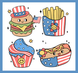 Groovy 4th of July food Cartoon Trendy doodle idea for Shirt Sublimation, greeting card