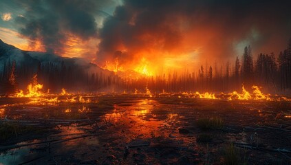 Contrast the chaos of the wildfire with serene images of untouched wilderness, underscoring the fragility of our natural landscapes.