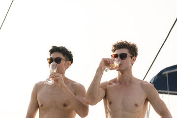Young gay or labtqia couple drinking or clinking glass of champagne or white wine in their...